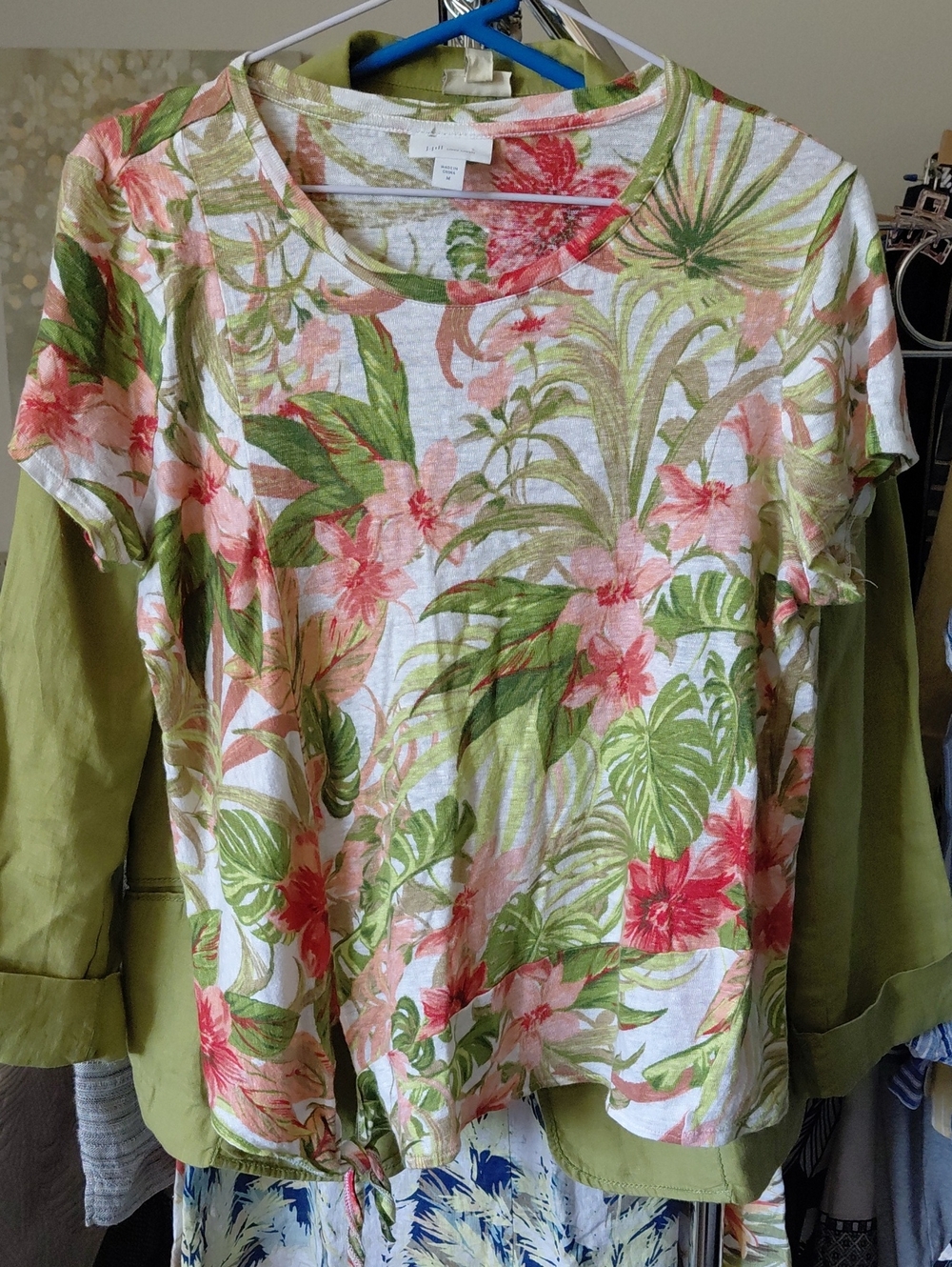 J. Jill Linen Tropical Tie-Front Short Sleeve Top in Pink & Green